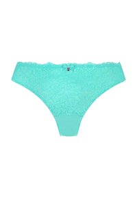 String en dentelle turquoise avec un motif floral et des bords festonnés ; présente un panneau avant lisse et un petit accent métallique à l'arrière.