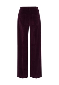 Pantalon large en velours côtelé violet avec une taille haute, doté de deux poches arrière et d'une texture lisse.