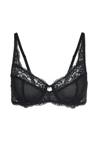 Zwarte kanten beha met transparant mesh-design, verstelbare banden en een klein strikje in het midden. Kanten rand langs de randen voor extra textuur.