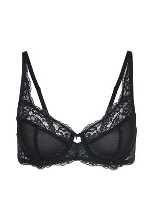 Czarny koronkowy biustonosz z przezroczystym tiulowym wzorem, regulowanymi ramiączkami oraz małą kokardką na środku. Koronkowa lamówka na krawędziach podkreśla fakturę.