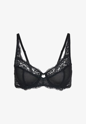 Sort blonde-bh med et gennemsigtigt netdesign, justerbare stropper og en lille sløjfe i midten. Blondetrim langs kanterne giver ekstra tekstur.