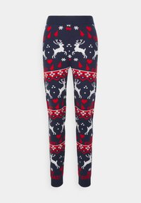 Stickade leggings i marinblått, med ett festligt mönster av vita renar, röda hjärtan, snöflingor, julgranar och texten "God Jul!".