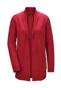 Roter Cardigan aus weichem Strickstoff, mit offenem Vorderteil, langen Ärmeln und zwei Fronttaschen mit gerippten Bündchen und Saum.