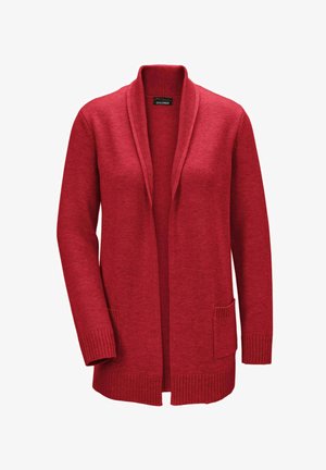 Cardigan rosso realizzato in morbido tessuto a maglia, con apertura frontale, maniche lunghe e due tasche frontali, bordi a coste sui polsini e l'orlo.