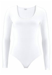 Bodysuit blanco de manga larga con escote redondo, hecho de material de algodón suave, con un diseño ajustado y construcción sin costuras.