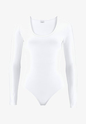 White long-sleeve bodysuit with a scoop neckline, made of soft cotton material, featuring a form-fitting design and seamless construction.