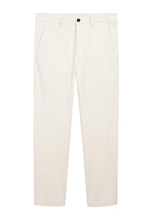 Beige katoenbroek met een rechte pasvorm, voorzien van zijzakken en een zwarte knoopsluiting bij de taille. Glad oppervlak.