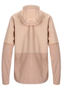 Kevyt, huppari takki pehmeässä beige väri, jossa on sileä pinta, pitkät hihat ja väri-blokkauksella varustettu suunnittelu, jossa on tummempi alaosa.