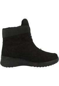 Botas negras hasta el tobillo de ante con un suave forro de pelo. Presentan un diseño de costura horizontal y una suela de goma texturizada para mayor adherencia.