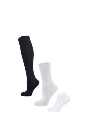 Legs wearing black knee-high socks against a plain light background, feet slightly angled inward.