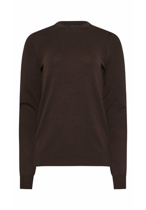 Jersey de manga larga de color marrón oscuro con cuello redondo, puños y bajo acanalados, tejido de punto, diseño simple y liso.