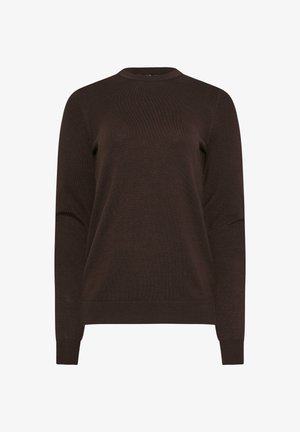 Ciemnobrązowy sweter z długim rękawem i okrągłym dekoltem, z prążkowanymi mankietami i ściągaczem u dołu, wykonany z dzianiny, prosty i jednolity wzór.