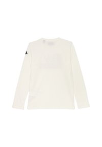 Camicia bianca a maniche lunghe realizzata in tessuto morbido. Presenta un colletto rotondo, una patch con il logo sulla manica sinistra e un piccolo etichetta sul lato.