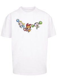 White cotton t-shirt featuring a printed design of three cartoon characters with pom-poms, in blue, red, and green accents.