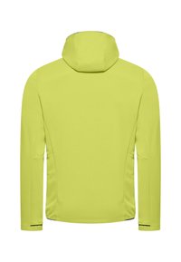 Giacca verde lime con cappuccio, texture liscia, maniche lunghe e orlo leggermente curvato. Non presenta hardware o accenti visibili.