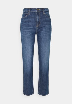 Farkkuhousut tummansinisenä, korkeavyötäröinen malli, suora lahje, jossa on vakioviisi-taskulayoutti ja nappikiinnitys.