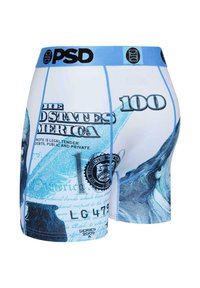 Menns boksershorts med et pengemotiv i blå og hvite farger, elastisk midjebånd merket "PSD," og detaljerte dollarbilde-grafikker.