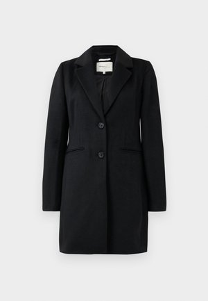 Black tailored coat with lapels, single button closure, and two front pockets. Made of structured fabric, featuring a smooth texture.