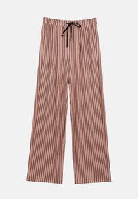 Kalhoty s širokými nohavicemi v světle růžové barvě s vertikálními černými pruhy, s elastickým pasem a šňůrkou pro úpravu velikosti.