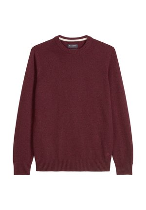 Burgundy crew neck sweater made of textured fabric, featuring ribbed cuffs and hem, with a small logo detail near the bottom.