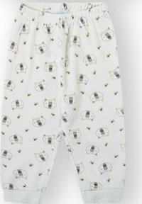 Pantalones de pijama de algodón con un patrón completo de osos de dibujos animados en color crema, con detalles amarillos y una cintura suave y elástica.