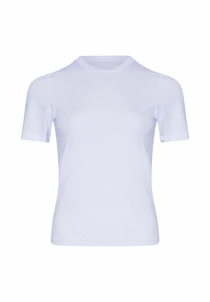 Balta, trumpomis rankovėmis marškinėliai, pagaminti iš švelnios, lygios medžiagos, su apvaliu iškirpimu ir prigludusia forma. Klasikinis, minimalistinis dizainas.