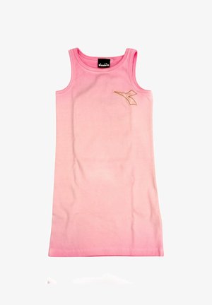 Vestito rosa senza maniche in cotone con scollo a coste, silhouette aderente e piccolo dettaglio dorato sulla parte anteriore. Texture liscia su tutta la superficie.