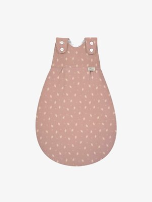 Pink sleep sack with a soft texture, featuring a pattern of small leaves, round shoulder snaps, and a white inner lining.