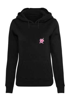 Must have pehmeast kangast must kapuuts, millel on roosa lilleline muster rinnal. Sisaldab eesmist taskut ja reguleeritavat nööriga kapuutsi.