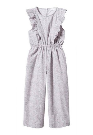 Combinaison sans manches violet clair avec détails à volants sur les épaules, taille élastique, jambes larges raccourcies et motif floral discret sur l’ensemble du tissu.