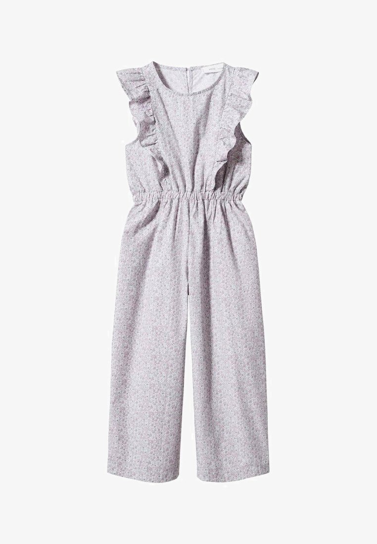 Combinaison sans manches violet clair avec détails à volants sur les épaules, taille élastique, jambes larges raccourcies et motif floral discret sur l’ensemble du tissu.