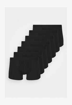 Zwarte boxershorts, zachte stof, aansluitend ontwerp, middelhoge taille, elastische tailleband, zeven stuks naast elkaar weergegeven, allemaal identiek.