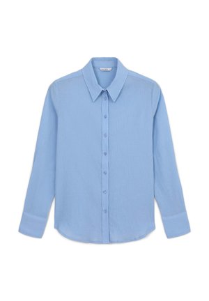 Light blue long-sleeve button-up shirt with pointed collar and cuffs, displayed on a white background.
