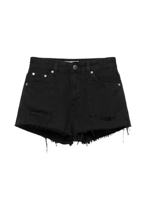 Zwarte spijkershorts met verweerde details, rafelige zoom, vijf zakken en een knoop- en ritssluiting in de taille.