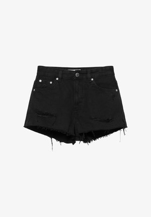 Zwarte spijkershorts met verweerde details, rafelige zoom, vijf zakken en een knoop- en ritssluiting in de taille.