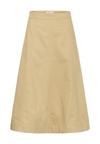 Jupe évasée beige en tissu coton. Présente une taille haute et des détails de panneaux cousus. L'ourlet étroit met en valeur sa forme structurée.