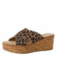 Wedge slide sandalen met luipaardprintriemen, kurken hak en textuurzool. Open teen ontwerp met gekruiste riemen voor ondersteuning en stijl.