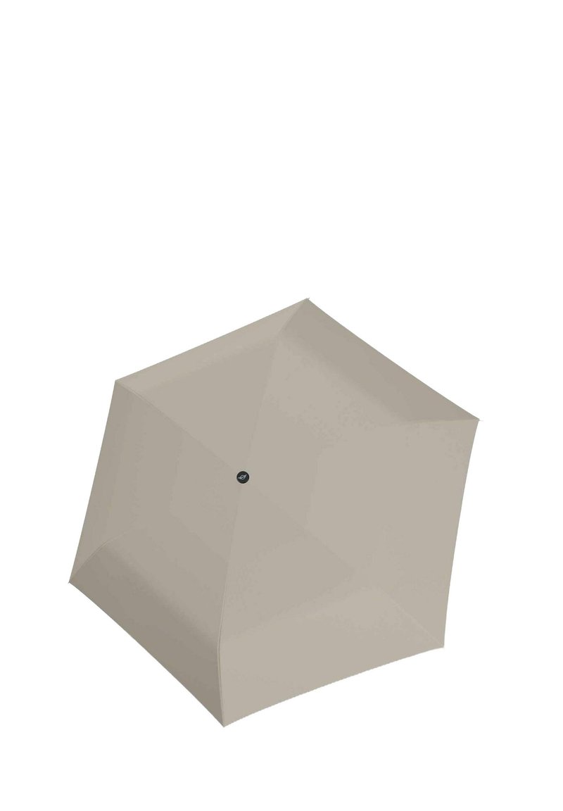 Beige parasol met een hexagonaal doek, gladde textuur, afgeronde randen en een centraal zwart knopdetail voor het openen en sluiten.