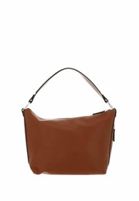 Sac à main en cuir marron avec une texture lisse, de forme arrondie et une seule poignée noire. Présente une fermeture éclair et un design minimaliste.