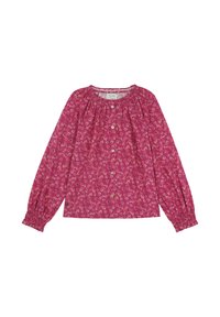 Blusa de manga larga rosa con estampado floral, escote fruncido, botones en la parte delantera y puños elásticos para un ajuste relajado.