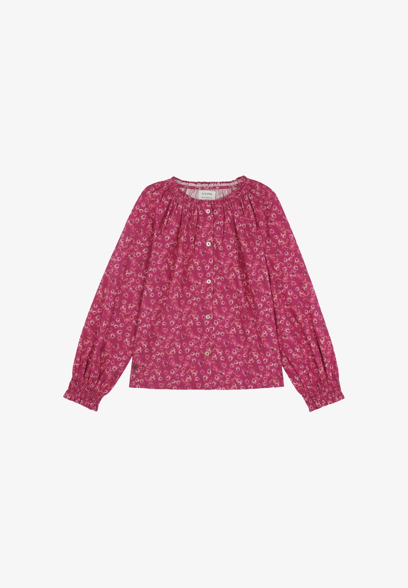 Blusa de manga larga rosa con estampado floral, escote fruncido, botones en la parte delantera y puños elásticos para un ajuste relajado.