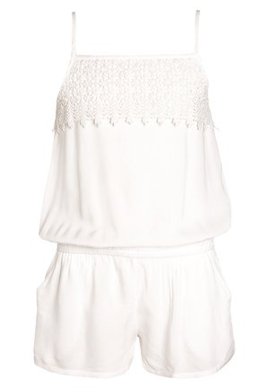 Hvid ærmeløs romper med blonde detaljer på brystet, elastisk talje og shorts med sidelommer.