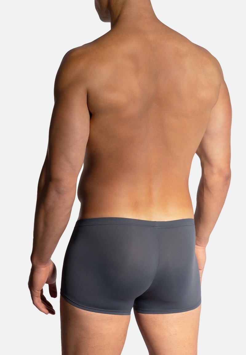 Dark gray fitted boxer shorts with a smooth texture, featuring a simple waistband and minimal design, viewed from the back.