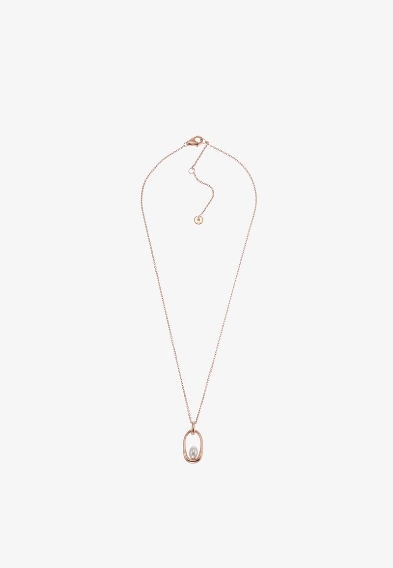 Rosa guld kæde med et ovalt vedhæng med en enkelt hvid perle, med justerbar lås og forlængerkæde.