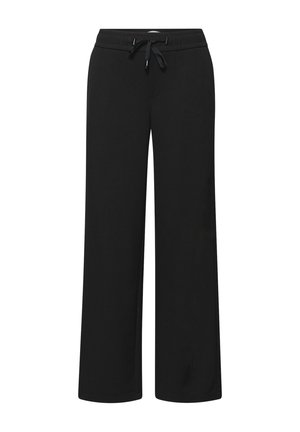 Pantalon noir à jambes larges avec taille élastique et cordon de serrage, coupe droite, sans poches visibles ni motifs.