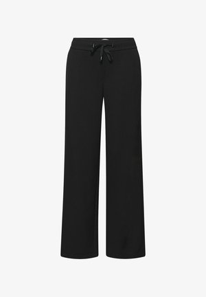 Černé široké kalhoty s elastickým pasem a stahovací šňůrkou, rovný střih, bez viditelných kapes nebo vzorů.