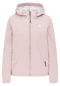 Veste à capuche rose clair en matériau doux et lisse, dotée d'une fermeture éclair à l'avant, de poignets élastiques et de poches frontales à bouton-pression.