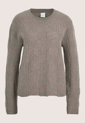 Long-sleeve taupe knit sweater with a textured checkered pattern and a round neckline.