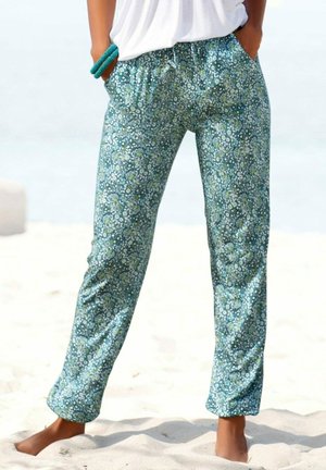 Pantalons légers à motif floral dans des teintes de bleu-vert et de vert, dotés d'une taille élastique. Fabriqués en tissu doux, ils présentent une coupe décontractée et des poches latérales.