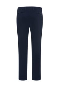 Marineblaue Hose mit geradem Schnitt, von hinten gezeigt, mit zwei geknöpften Gesäßtaschen und Gürtelschlaufen am Bund.